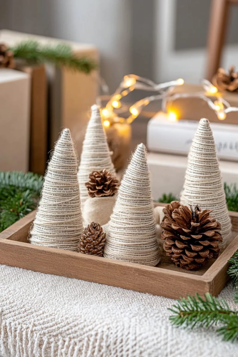25 Upcycled Christmas Crafts DIY: Unique & Budget Friendly Decor Ideas 4 mini christmas trees made from rolled book pages and twine garlands 1