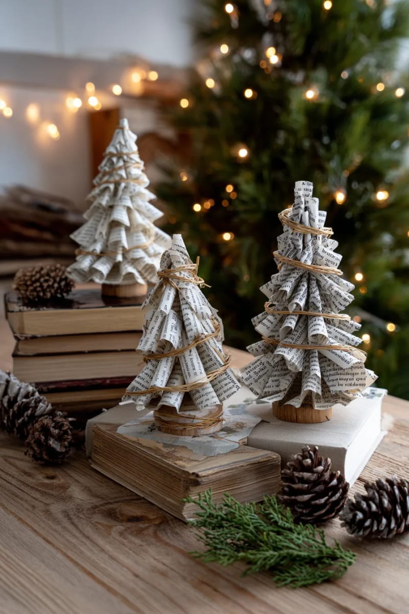 25 Upcycled Christmas Crafts DIY: Unique & Budget Friendly Decor Ideas 9 mini christmas trees made from rolled book pages and twine garlands 1
