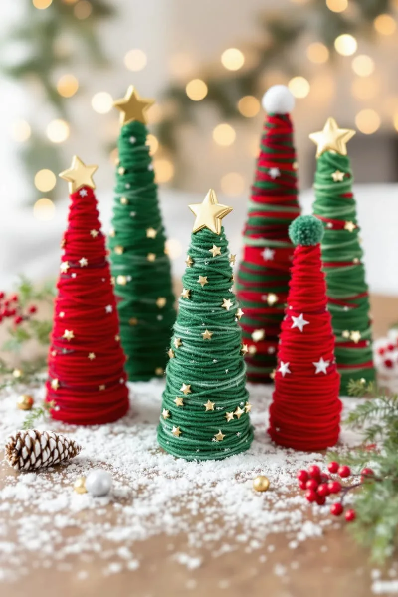 mini christmas trees made from wrapped yarn cones 1
