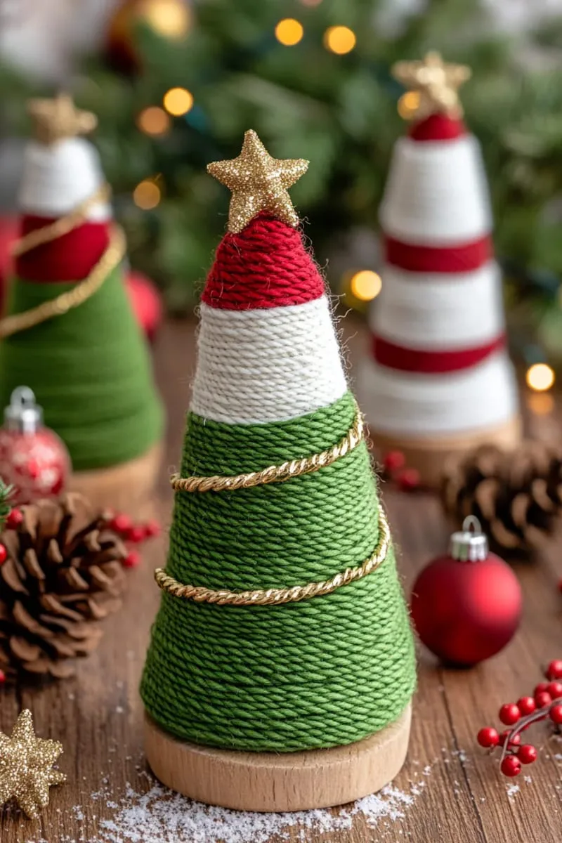 mini christmas trees made from wrapped yarn cones 1