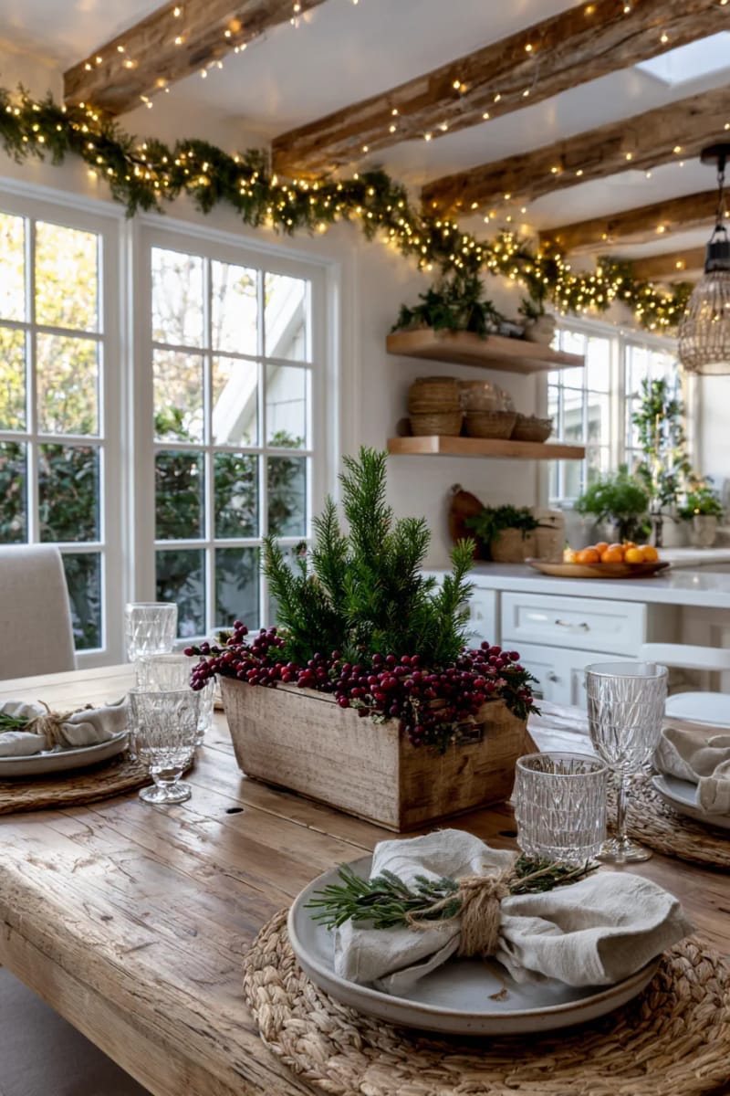 29 Inspiring Natural Christmas Decor Ideas for Modern Homes 9 mini evergreen tree centerpiece in a wooden box with cranberries 1