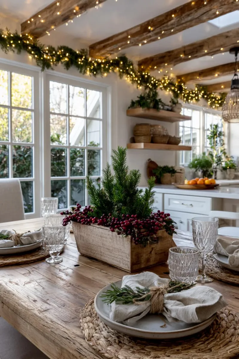 mini evergreen tree centerpiece in a wooden box with cranberries 1