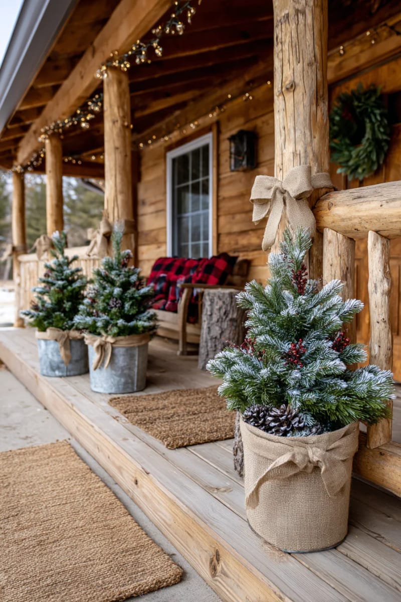 mini evergreen trees in galvanized buckets and burlap bows on railings. 1