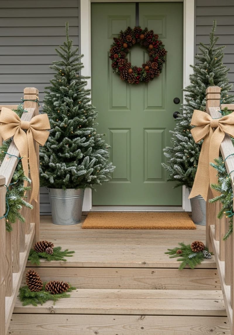 mini evergreen trees in galvanized buckets and burlap bows on railings. 1