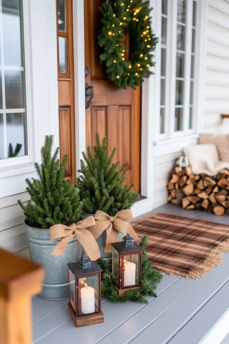 mini evergreen trees in galvanized buckets and burlap bows on railings. 1
