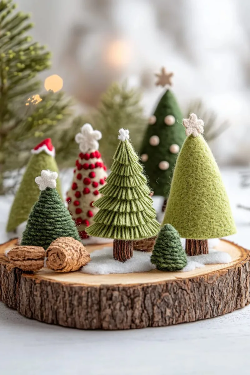 29 Simple Christmas Decor Ideas for a Beautiful Holiday Season 49 mini felt christmas trees on a wood slice base 1