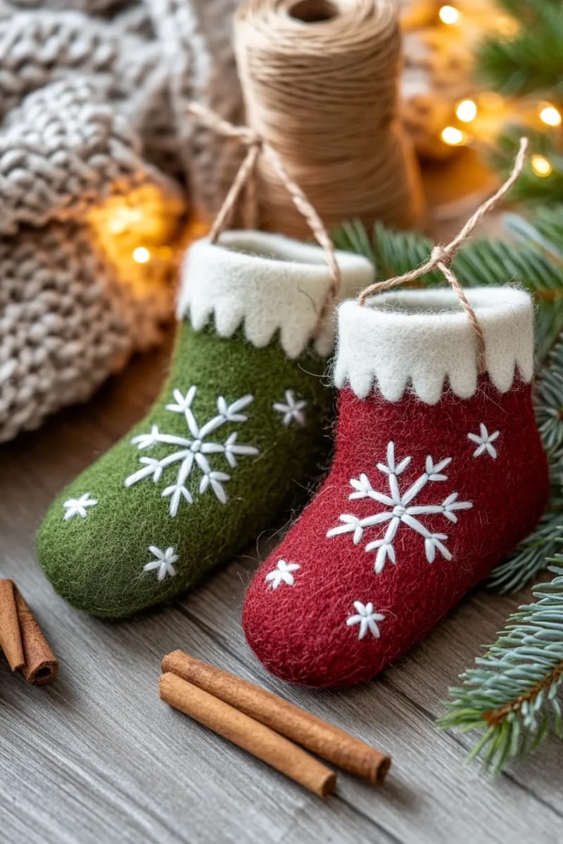 mini felt stockings decorated with hand-stitched snowflakes 1