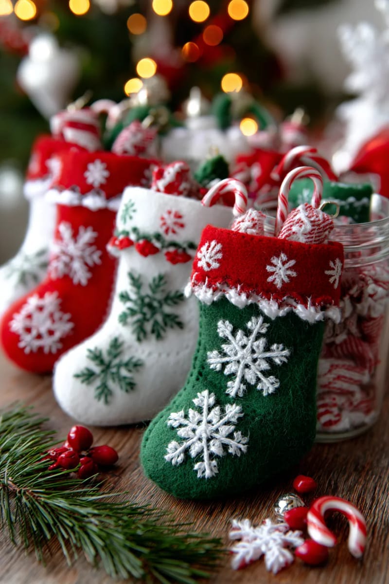 mini felt stockings decorated with hand-stitched snowflakes 1