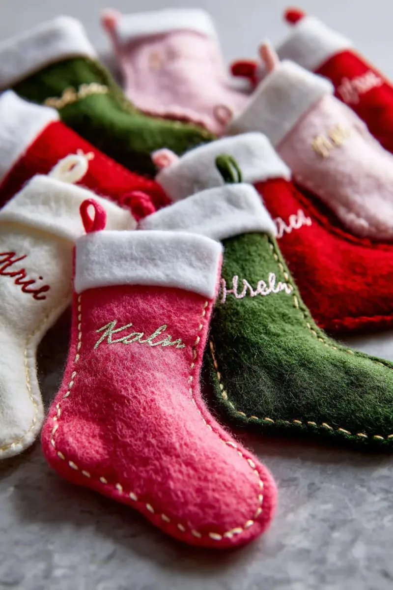 27 Stunning Christmas Decoration Crafts for a Unique 2025 141 mini felt stockings with personalized embroidered names 1