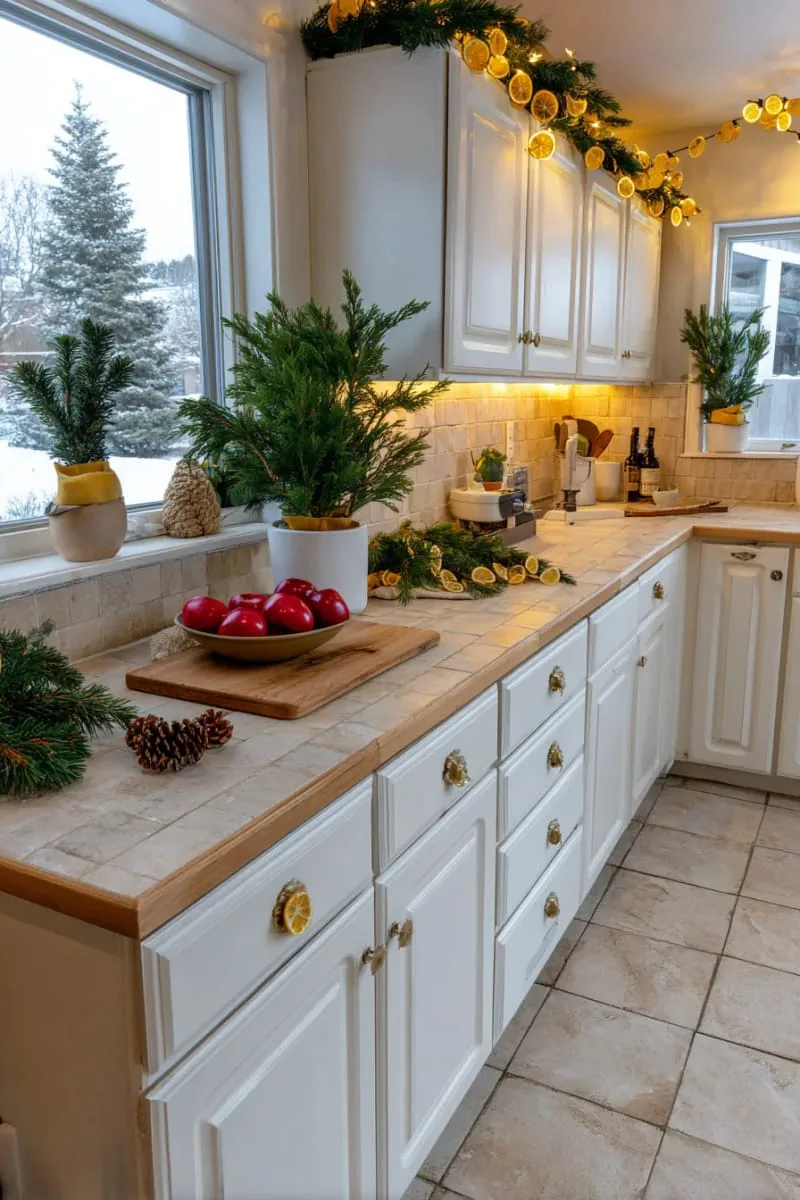 29 Creative Christmas Kitchen Decor Ideas You'll Absolutely Love 47 mini garlands of dried citrus on cabinet doors 1