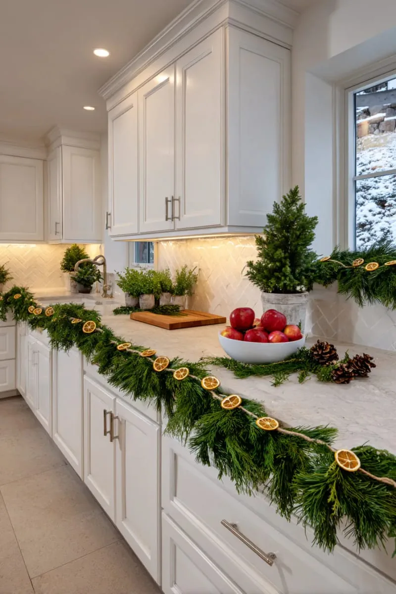 29 Creative Christmas Kitchen Decor Ideas You'll Absolutely Love 48 mini garlands of dried citrus on cabinet doors 1