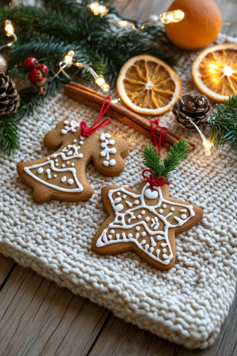 mini gingerbread cookie ornaments with white icing and ribbon loops 1