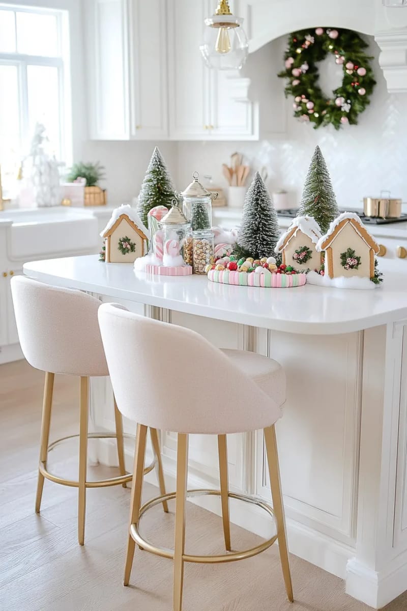 23 Christmas Kitchen Island Decor Ideas That Bring Instant Holiday Charm 12 mini gingerbread houses nestled among faux snow and bottle brush trees 1