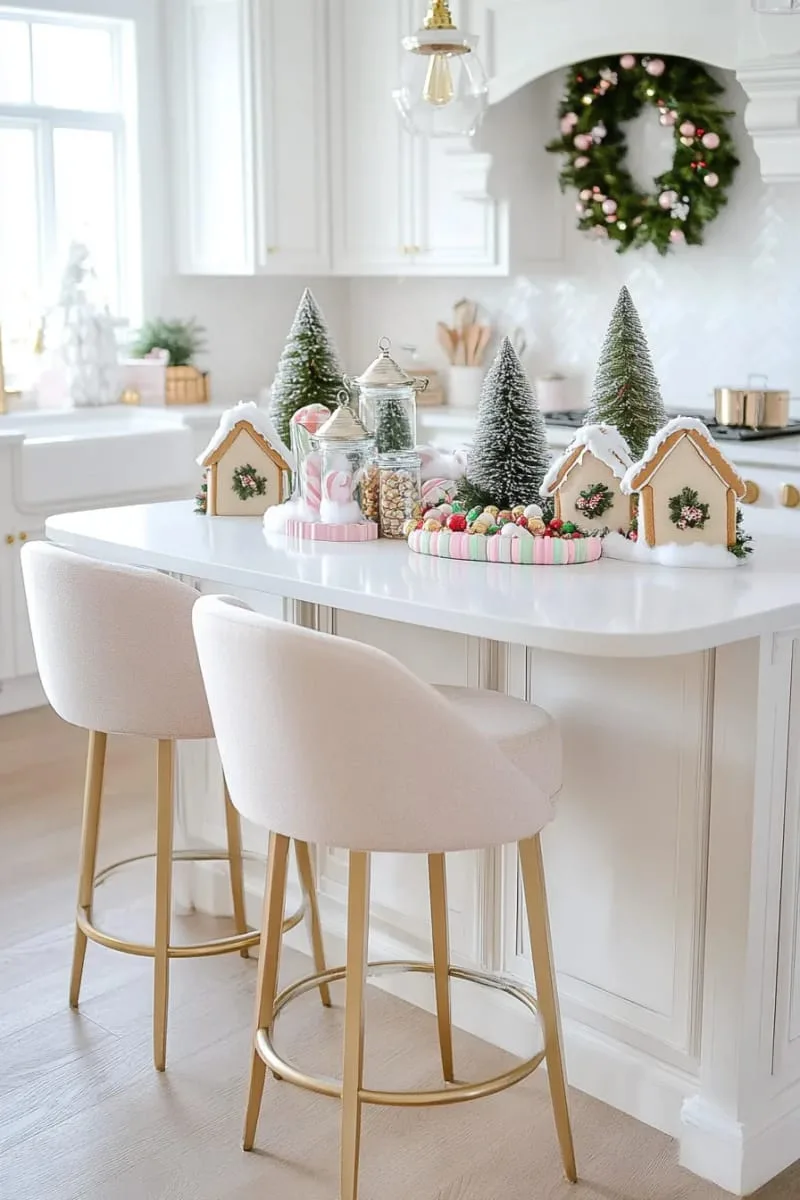 mini gingerbread houses nestled among faux snow and bottle brush trees 1