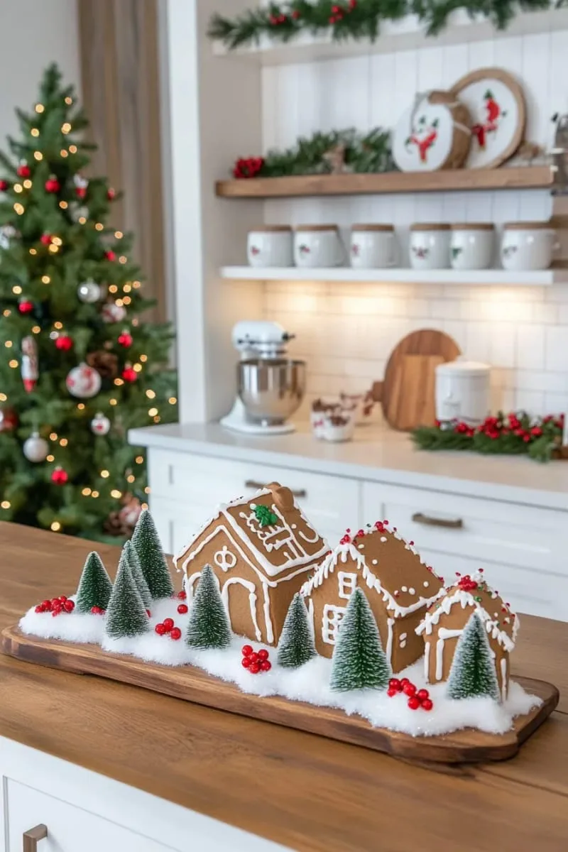 mini gingerbread houses nestled among faux snow and bottle brush trees 1