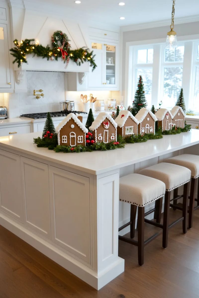 23 Christmas Kitchen Island Decor Ideas That Bring Instant Holiday Charm 14 mini gingerbread houses nestled among faux snow and bottle brush trees 1