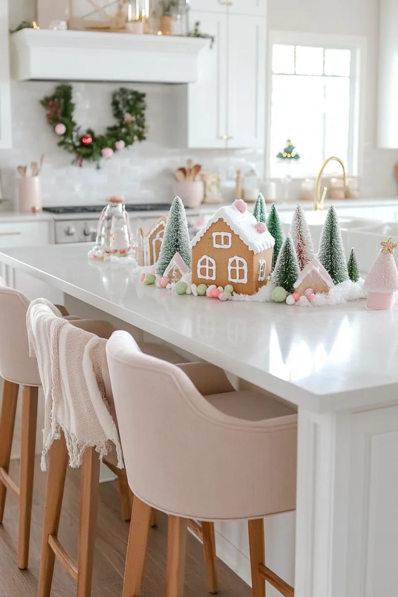 23 Christmas Kitchen Island Decor Ideas That Bring Instant Holiday Charm 11 mini gingerbread houses nestled among faux snow and bottle brush trees 1