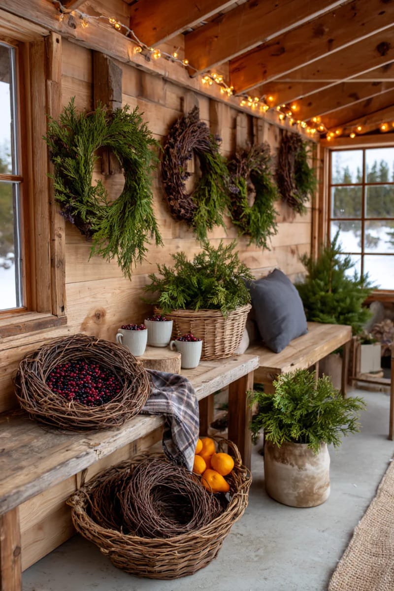 29 Inspiring Natural Christmas Decor Ideas for Modern Homes 44 mini grapevine wreaths with sprigs of juniper and dried berries 1