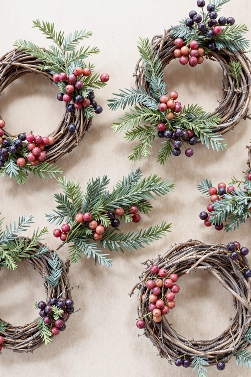 29 Inspiring Natural Christmas Decor Ideas for Modern Homes 45 mini grapevine wreaths with sprigs of juniper and dried berries 1