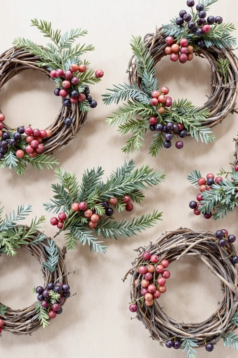 mini grapevine wreaths with sprigs of juniper and dried berries 1