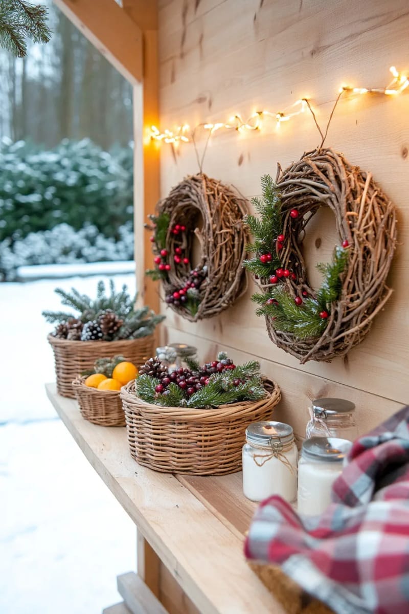 29 Inspiring Natural Christmas Decor Ideas for Modern Homes 46 mini grapevine wreaths with sprigs of juniper and dried berries 1