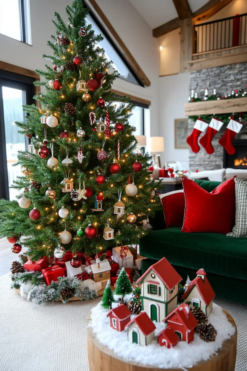 mini led-lit christmas houses arranged at the base of a tree 1