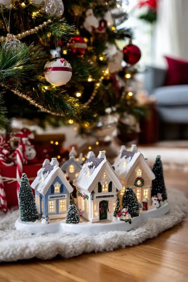 mini led-lit christmas houses arranged at the base of a tree 1