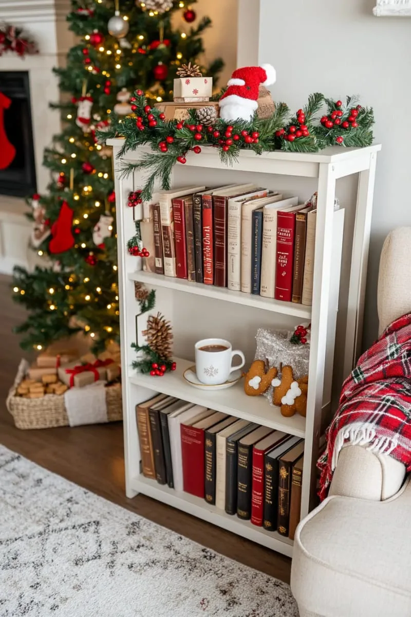 mini-library shelf with christmas novels, red berries, and plaid throw 1
