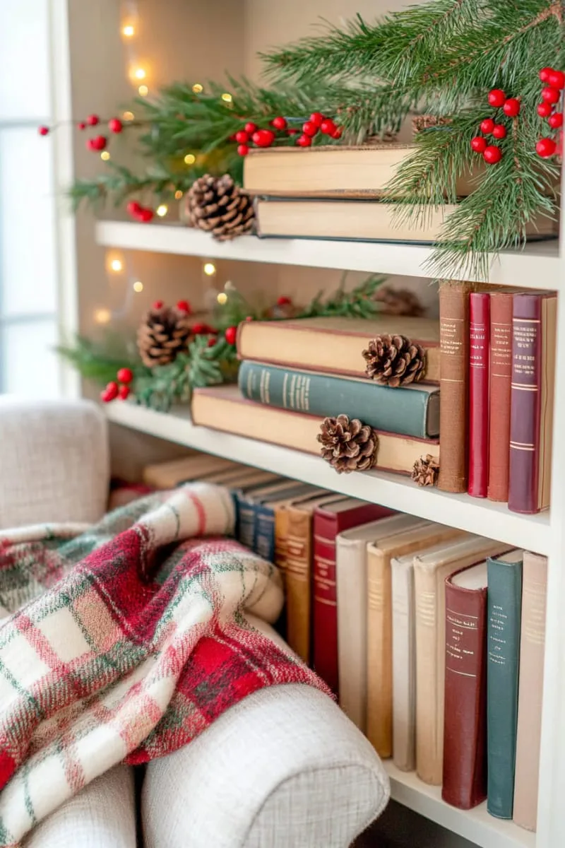 mini-library shelf with christmas novels, red berries, and plaid throw 1