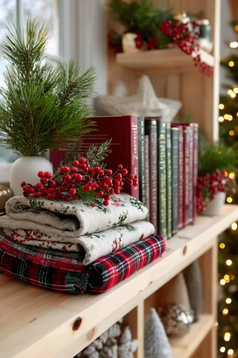 mini-library shelf with christmas novels, red berries, and plaid throw 1