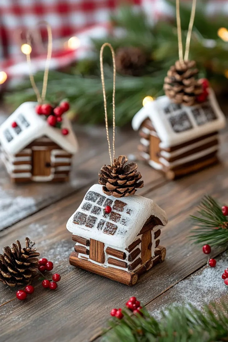 mini log cabin ornaments made from cinnamon sticks and twigs 1