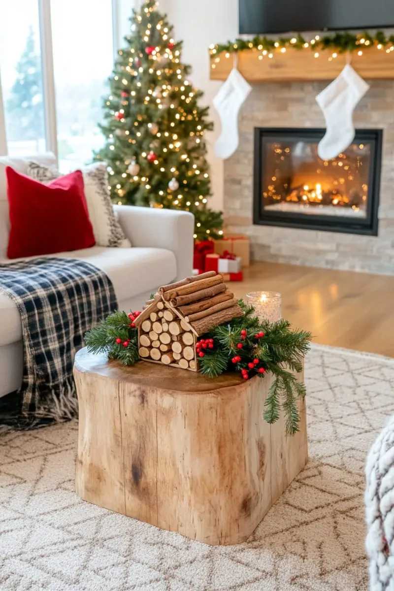 mini log cabin ornaments made from cinnamon sticks and twigs 1