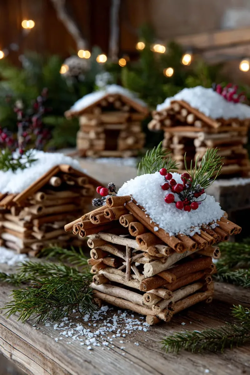 mini log cabin ornaments made from cinnamon sticks and twigs 1