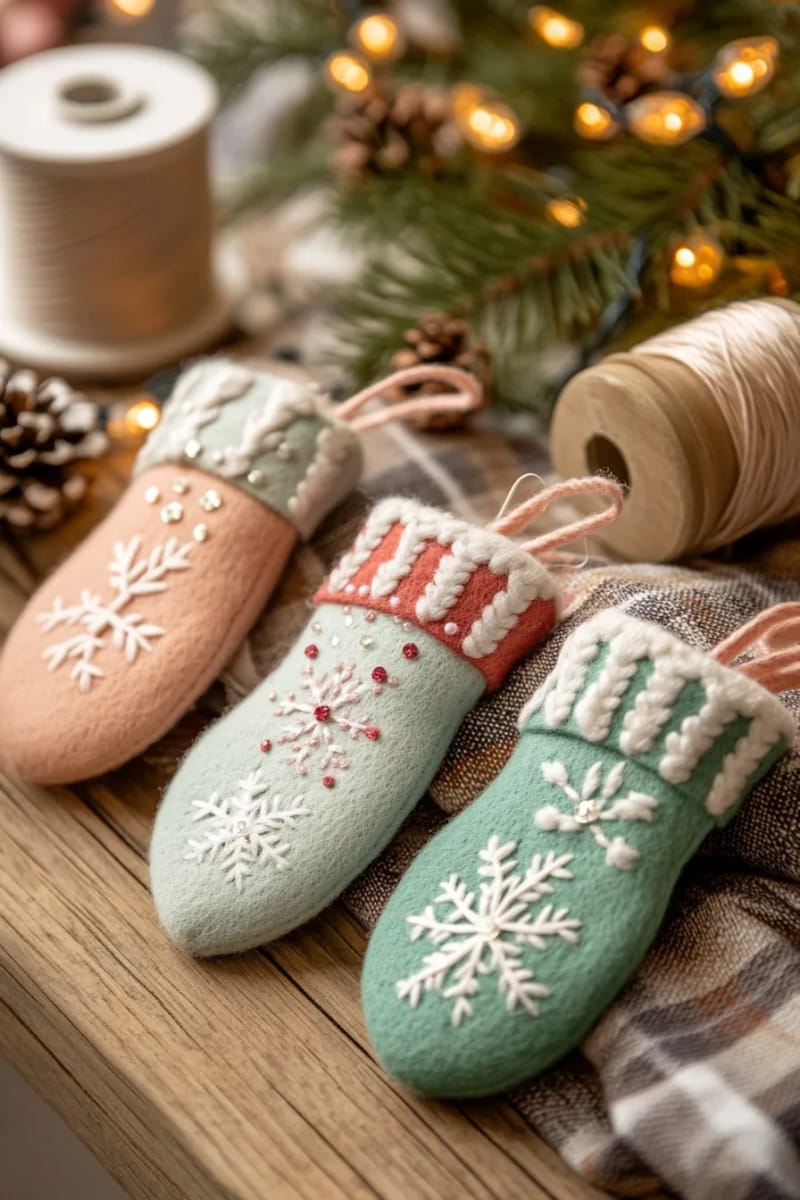 mini mitten felt ornaments with sequins and stitched snowflakes 1