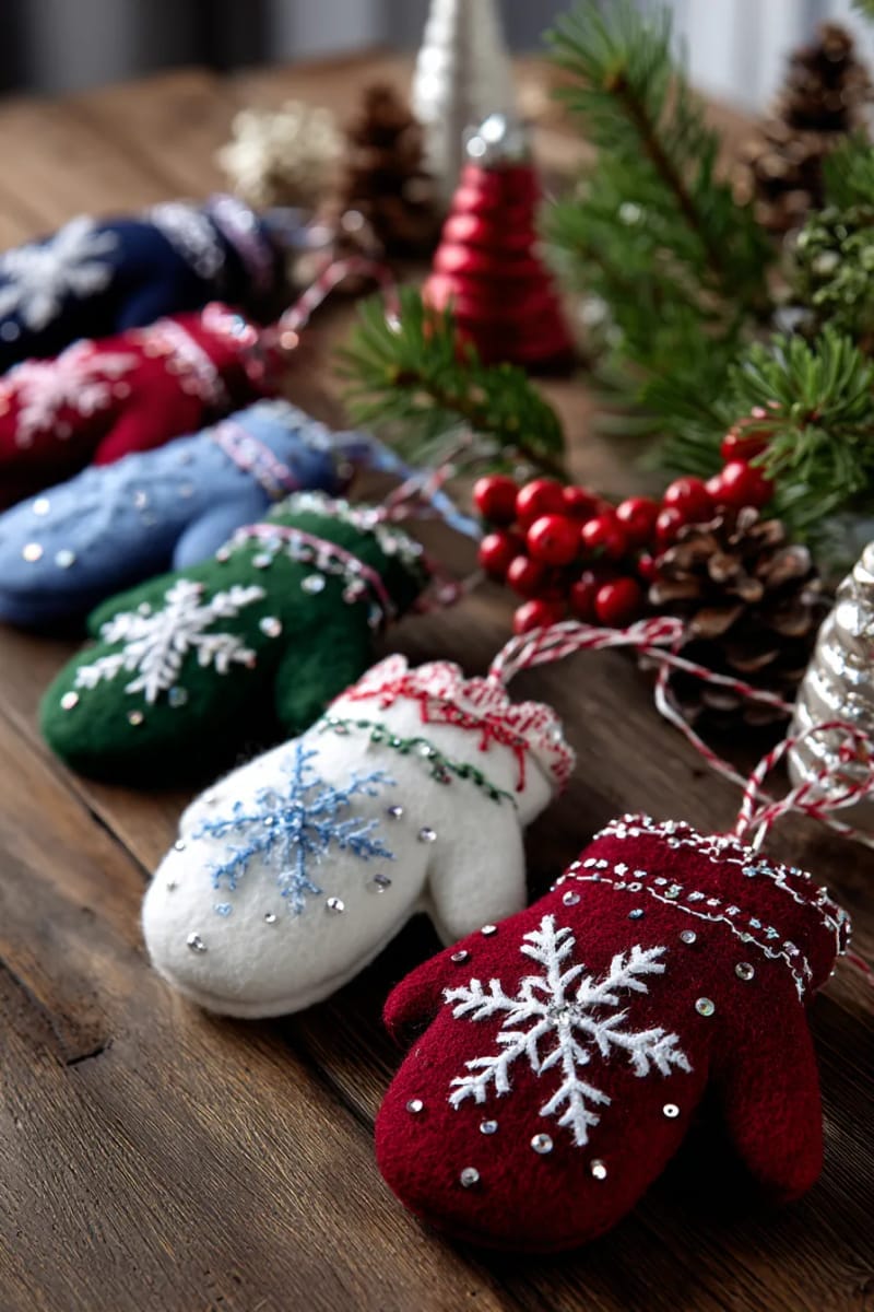 mini mitten felt ornaments with sequins and stitched snowflakes 1