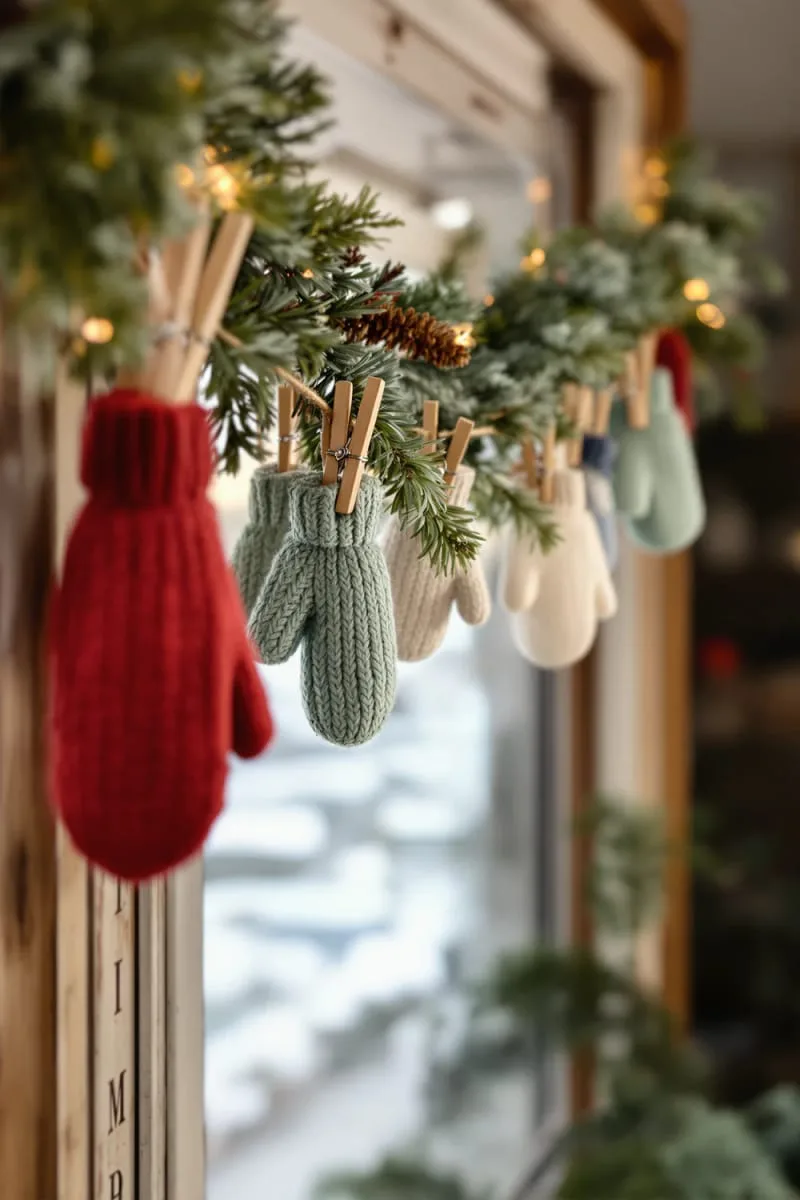 mini mitten garland strung across window frames 1