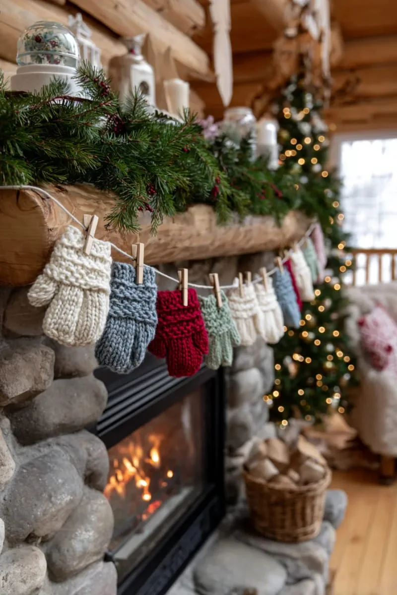 mini mitten garland strung across window frames 1