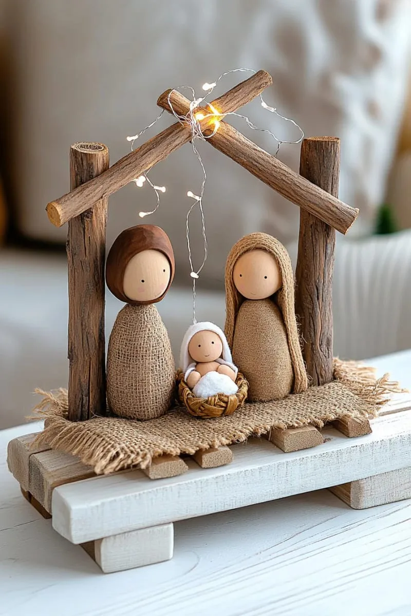 25 Upcycled Christmas Crafts DIY: Unique & Budget Friendly Decor Ideas 112 mini pallet nativity scene with driftwood and burlap details 1