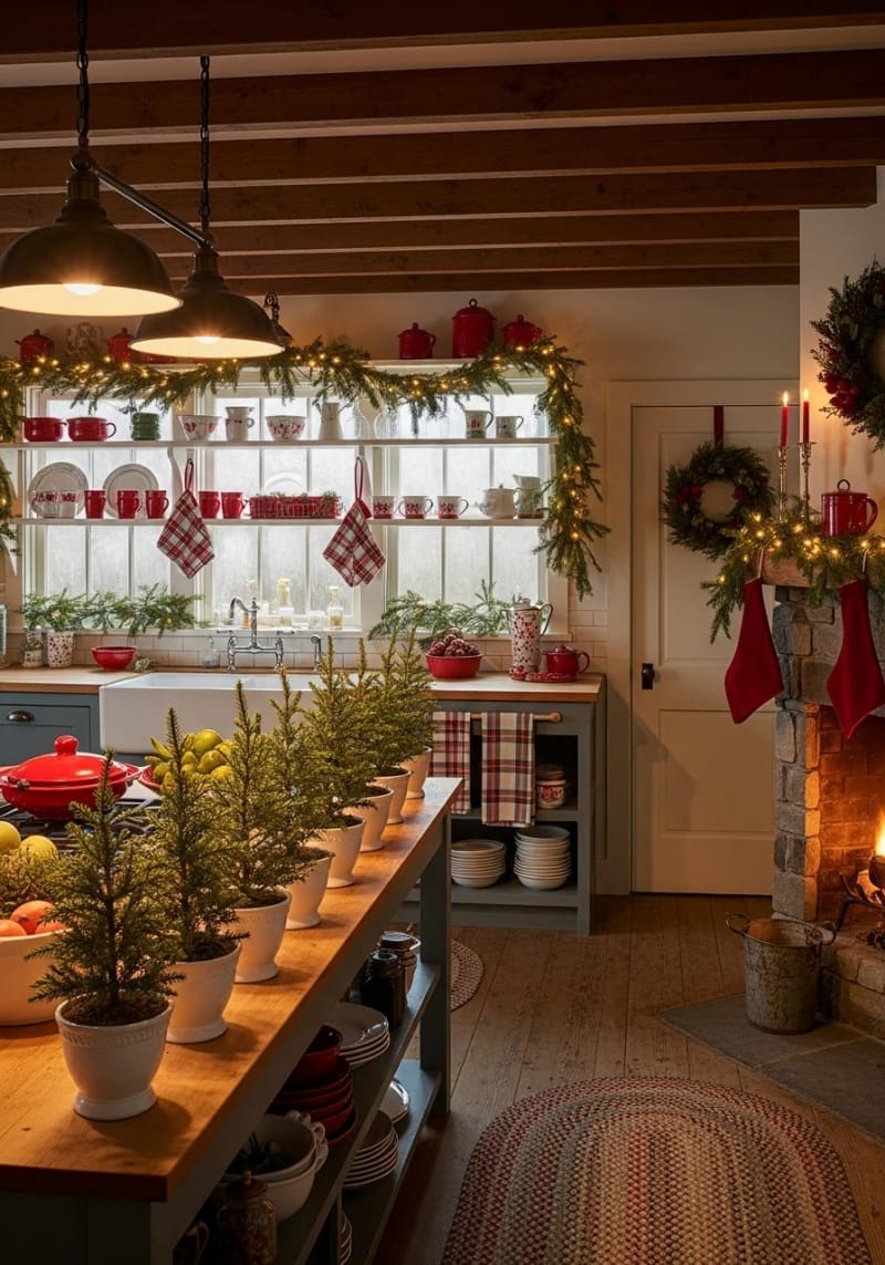 23 Christmas Countertop Decor Ideas Guests Can’t Stop Talking About 4 mini pine trees in white ceramic pots lined along the kitchen countertop 1