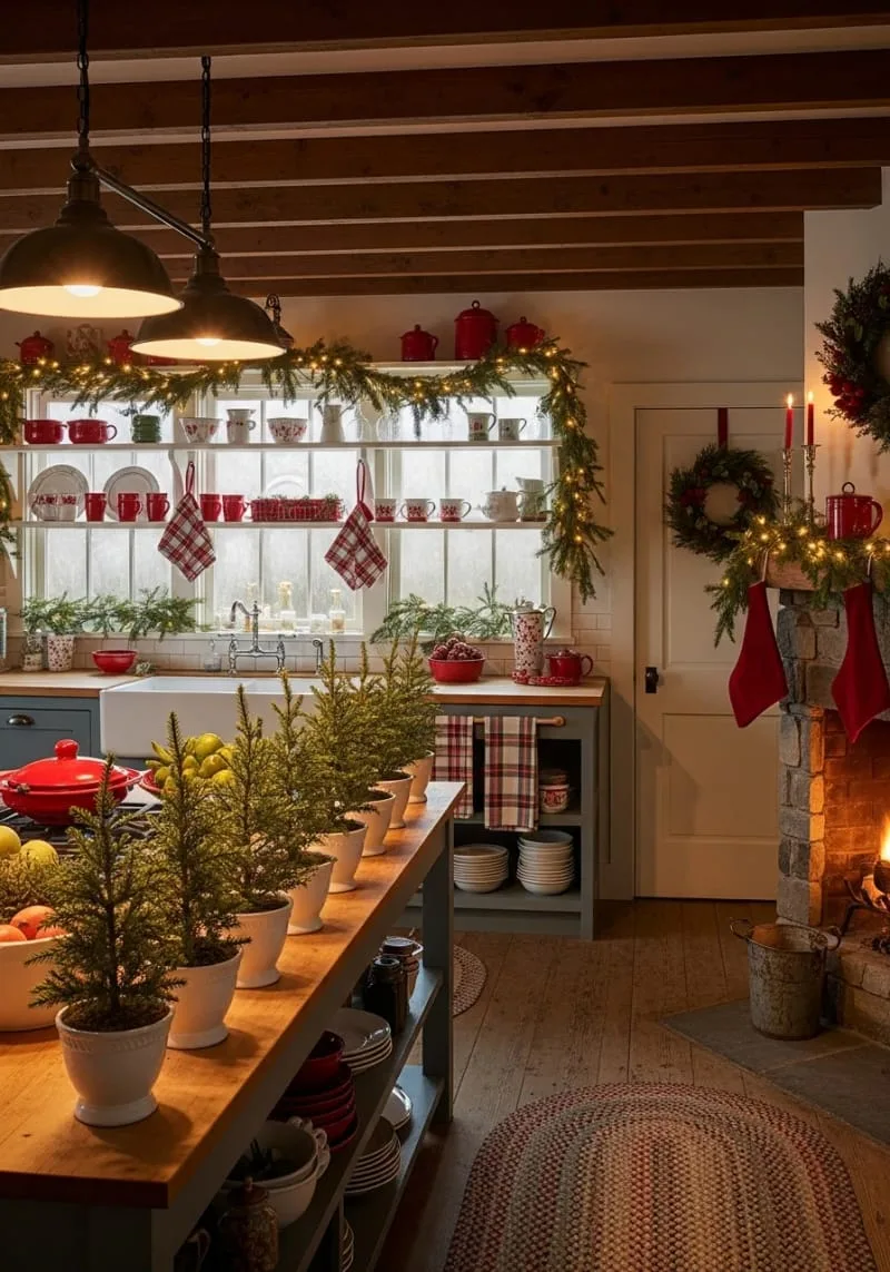 23 Christmas Countertop Decor Ideas Guests Can’t Stop Talking About 2 mini pine trees in white ceramic pots lined along the kitchen countertop 1
