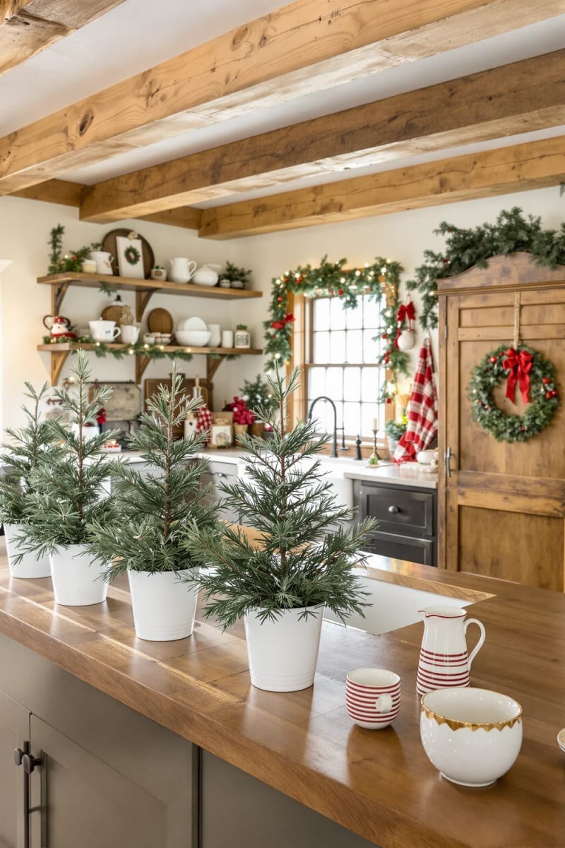23 Christmas Countertop Decor Ideas Guests Can’t Stop Talking About 5 mini pine trees in white ceramic pots lined along the kitchen countertop 1