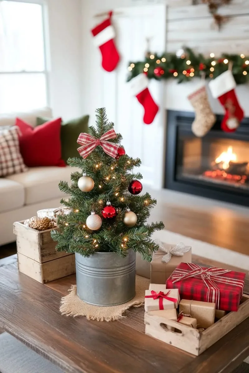mini tabletop christmas tree in a galvanized metal bucket 1