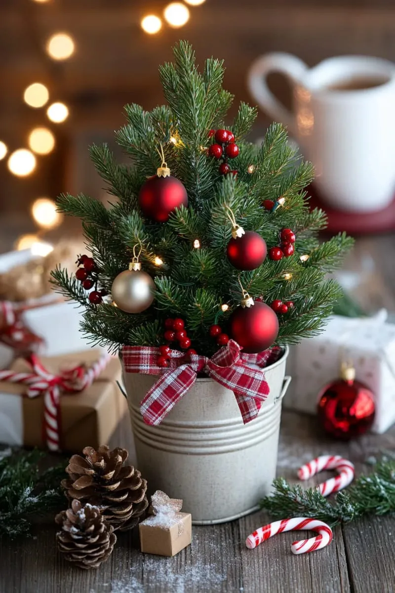 mini tabletop christmas tree in a galvanized metal bucket 1