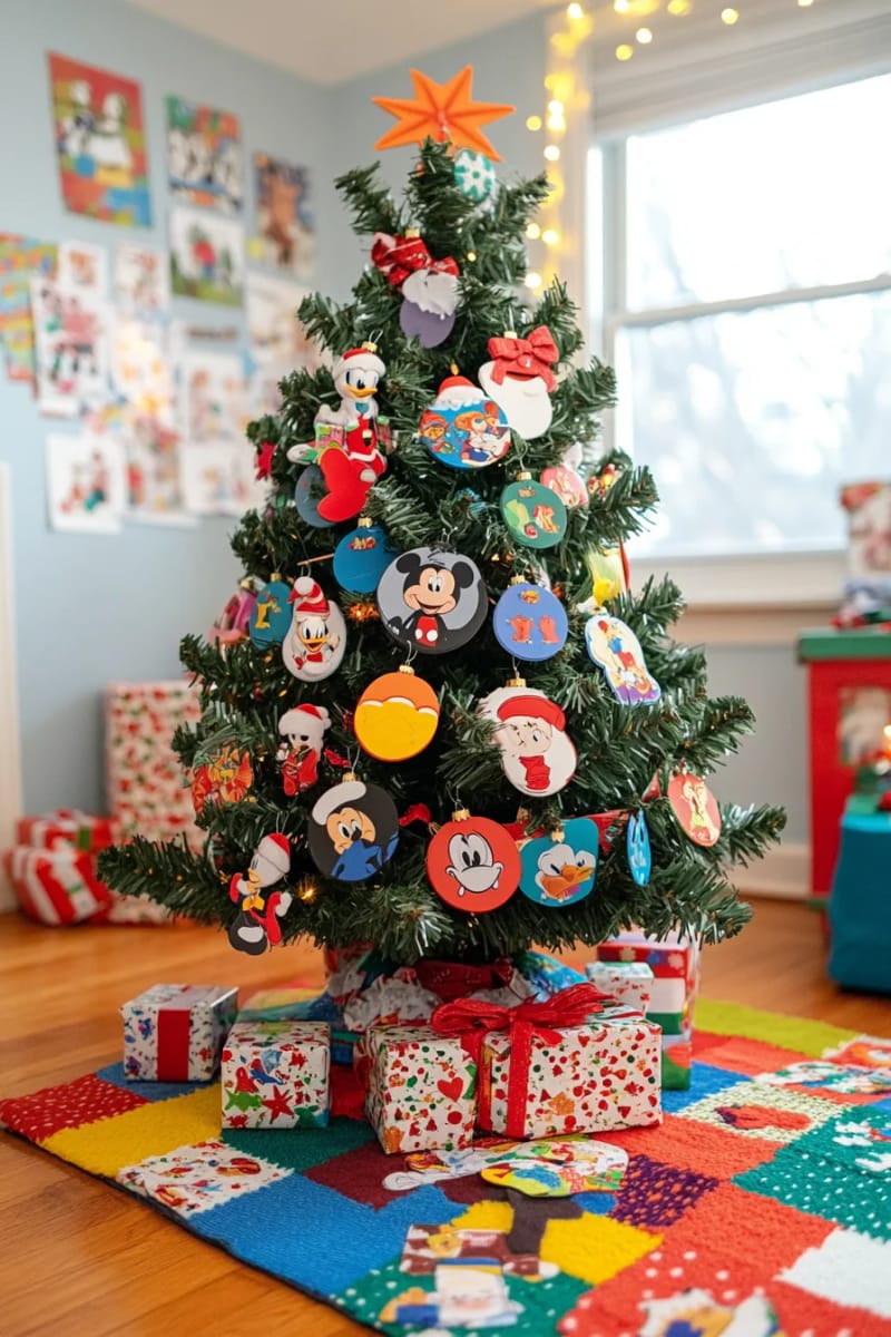 23 Kids Christmas Tree Ideas Full of Color, Whimsy, and Holiday Cheer 28 mini tree decorated with kids’ favorite cartoon or disney character ornaments 1