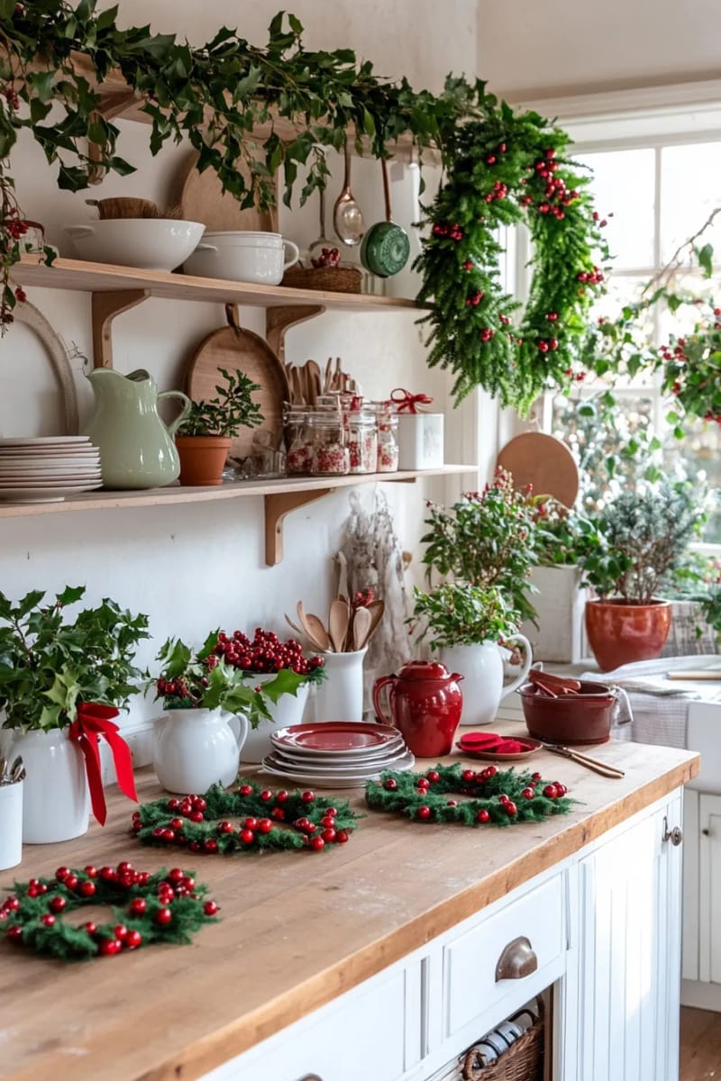 27 Unique Christmas Craft Decorations for Inspired Homes 80 mini wreaths from felt holly and berry clusters with velvet ribbon bows 1