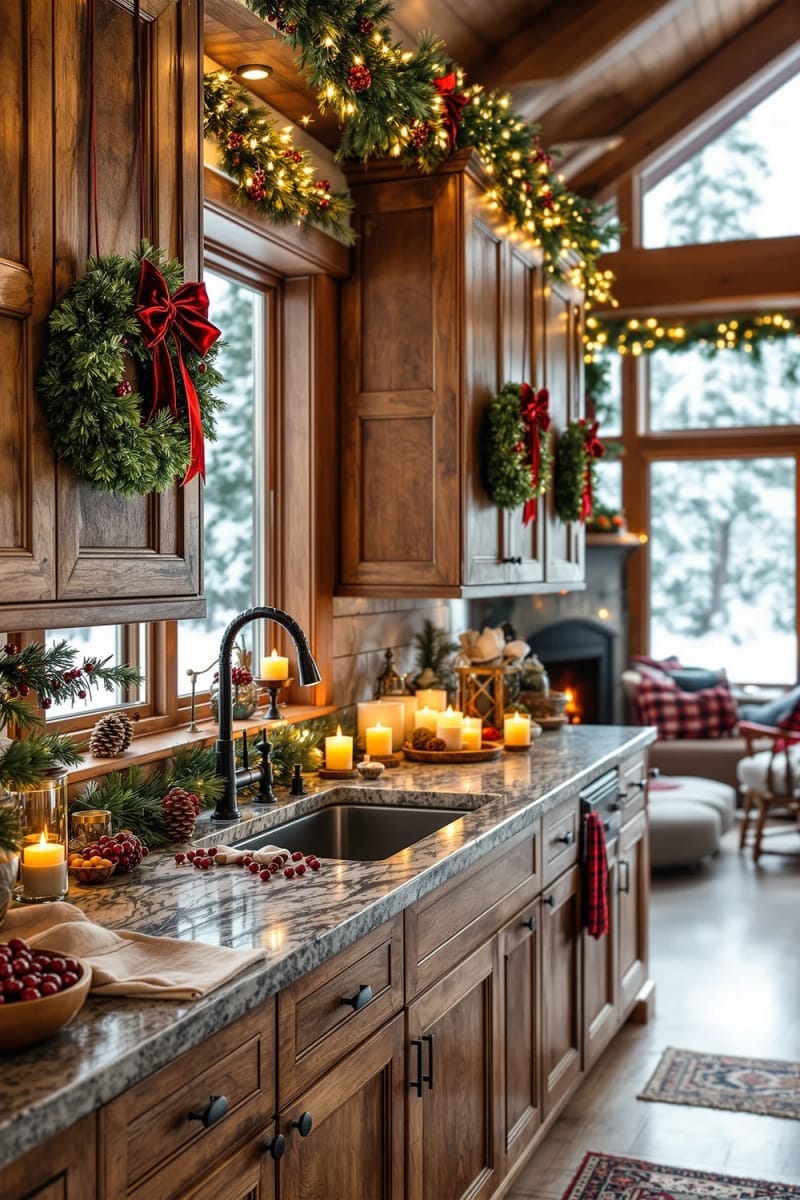 23 Christmas Countertop Decor Ideas Guests Can’t Stop Talking About 31 mini wreaths hung from cabinet doors using velvet red ribbon 1