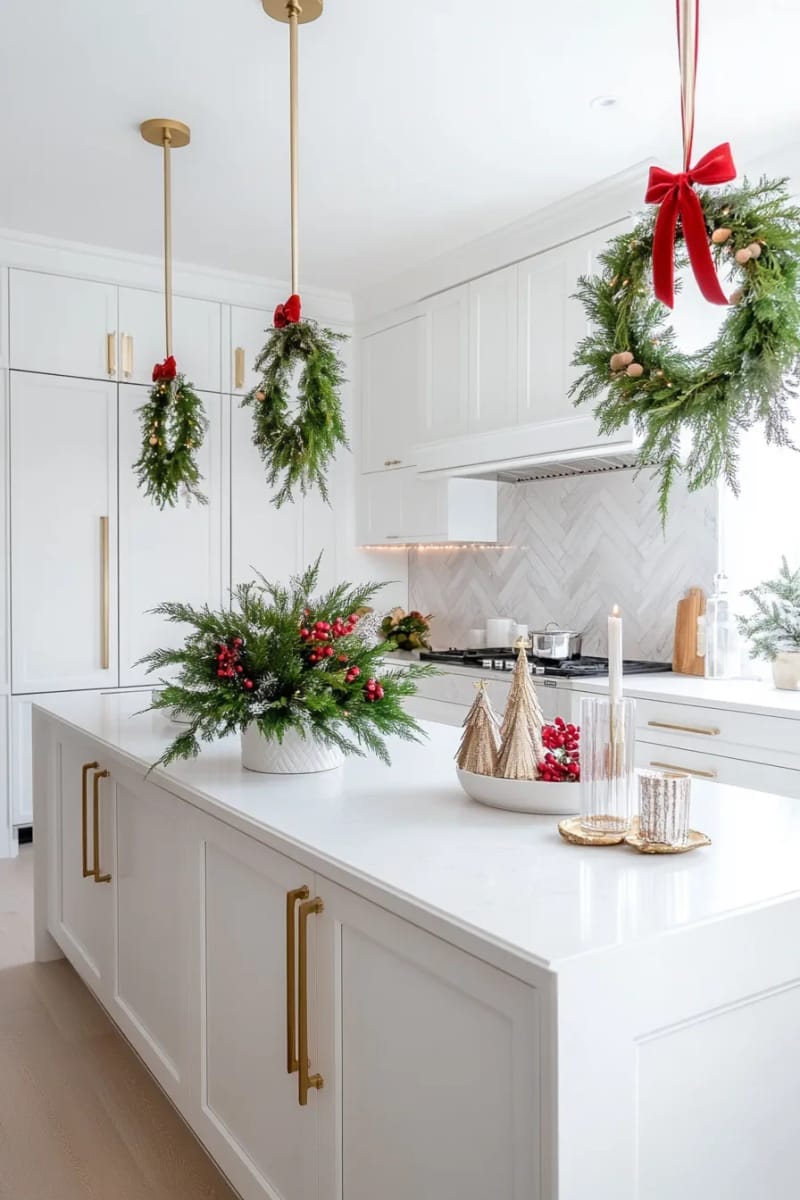 23 Christmas Countertop Decor Ideas Guests Can’t Stop Talking About 32 mini wreaths hung from cabinet doors using velvet red ribbon 1