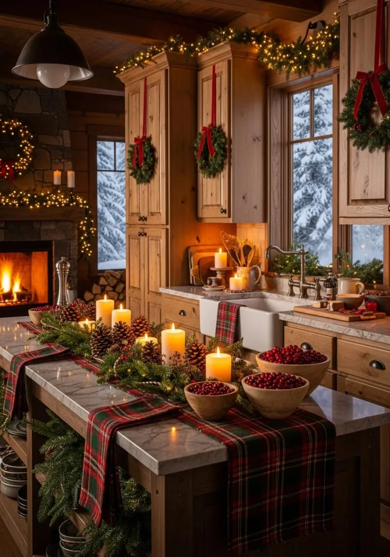 23 Christmas Countertop Decor Ideas Guests Can’t Stop Talking About 52 mini wreaths hung from cabinet doors using velvet red ribbon 1