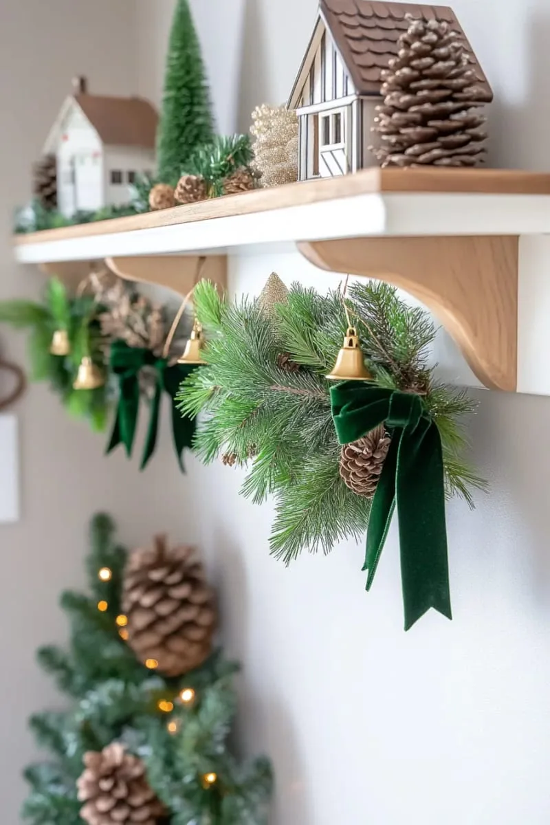 mini wreaths hung from shelf edges with velvet ribbon and gold bells 1