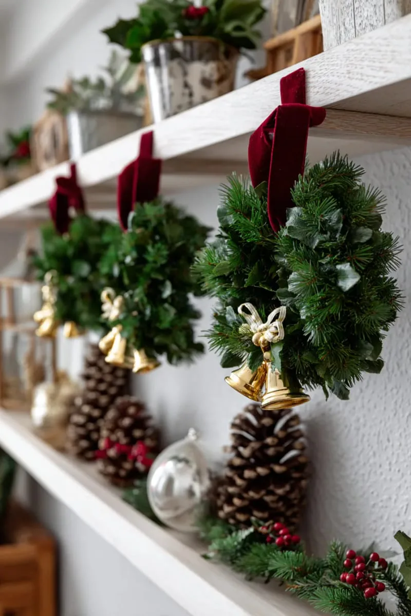 mini wreaths hung from shelf edges with velvet ribbon and gold bells 1